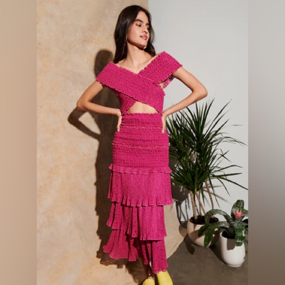 Saylor bright pink smocked tiered midi dress Size Small Revolve. Worn once.